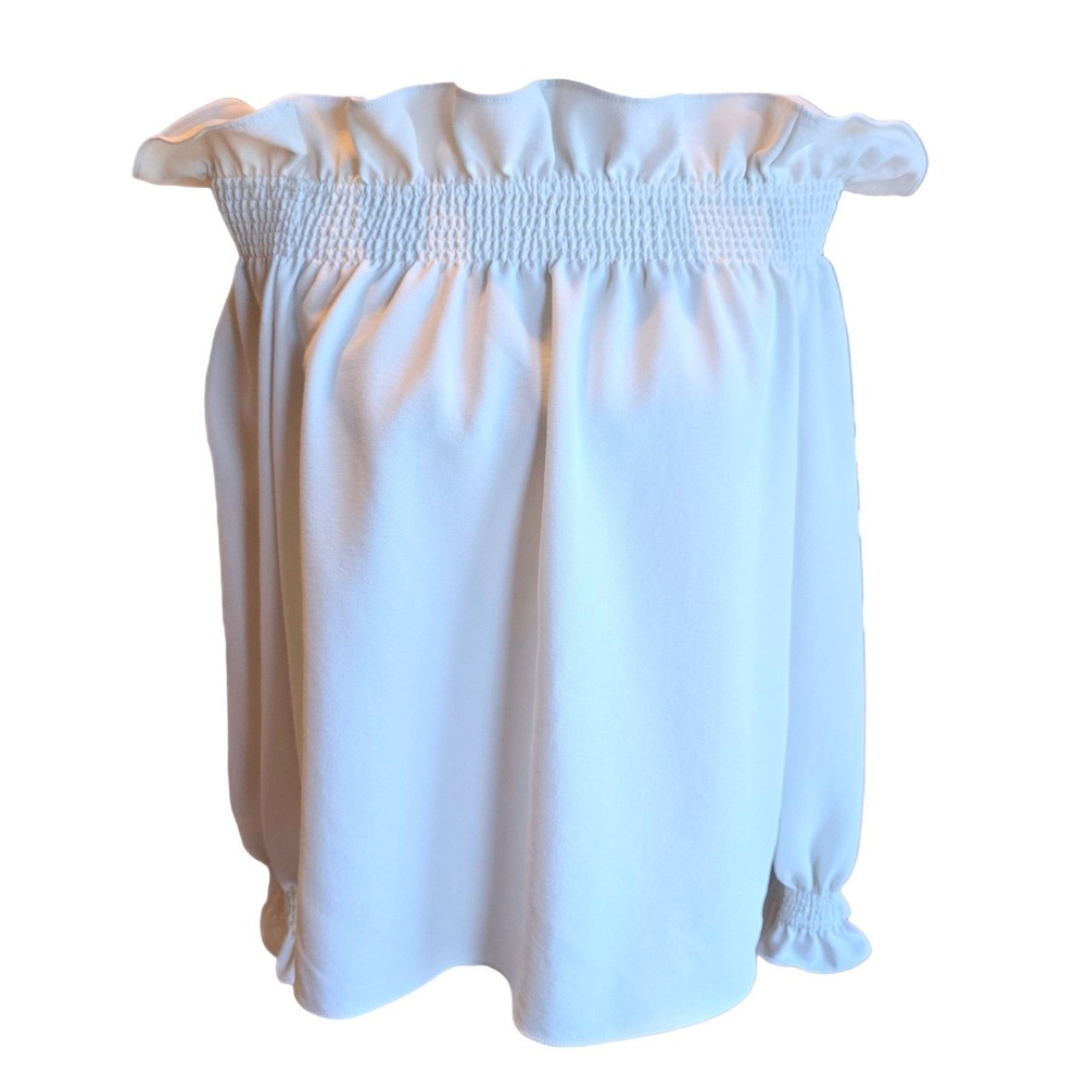 Avon Lane White Off Shoulder Blouse L Smocked Ruffle Boho Peasant Top Polyester